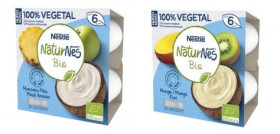 NaturNes Bio 100% Vegetal se presenta en formato pack de cuatro tarrinas de 90 gramos disponibles en dos variedades: manzana y piña y mango y kiwi.