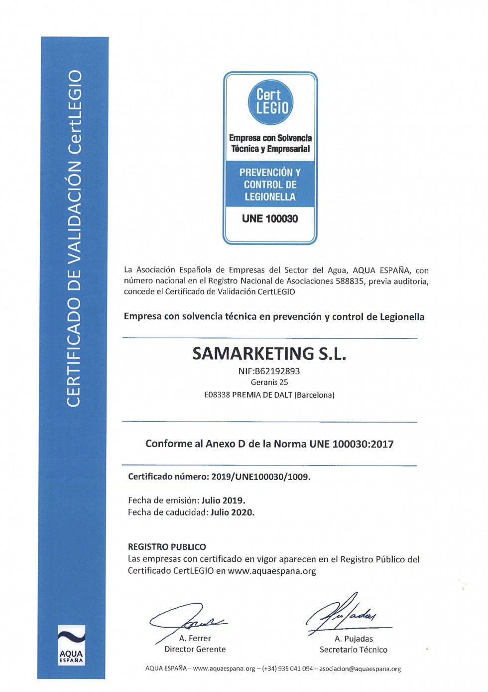 Certificado 'CertLEGIO', que acredita a Aqualife como empresa cuyos sistemas de control y prevención de la Legionella son los acordes a la Norma UNE 100030 (2017).